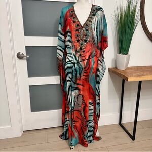 Lucky & Coco Embellished Beaded Maxi Kaftan SZ XL Sheer Tiger Print Cover Up NWT